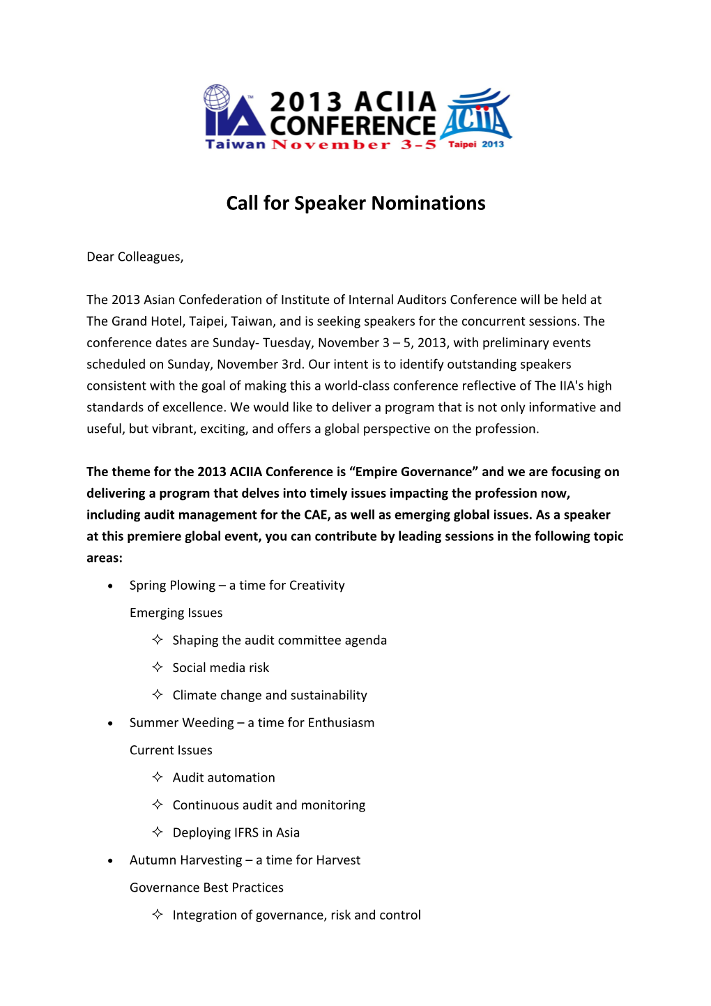 Call for Speaker Nominations
