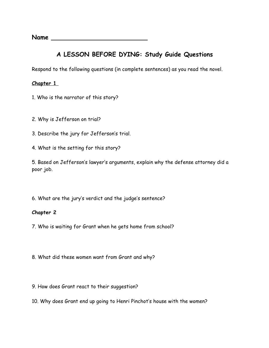 A LESSON BEFORE DYING: Study Guide Questions