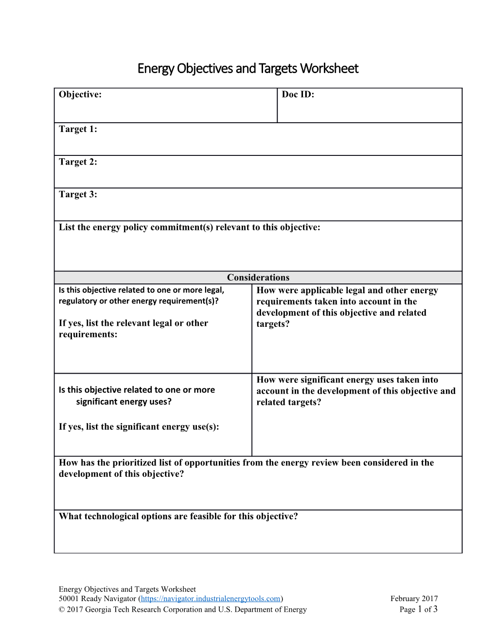 Energy Objectives and Targets Worksheet