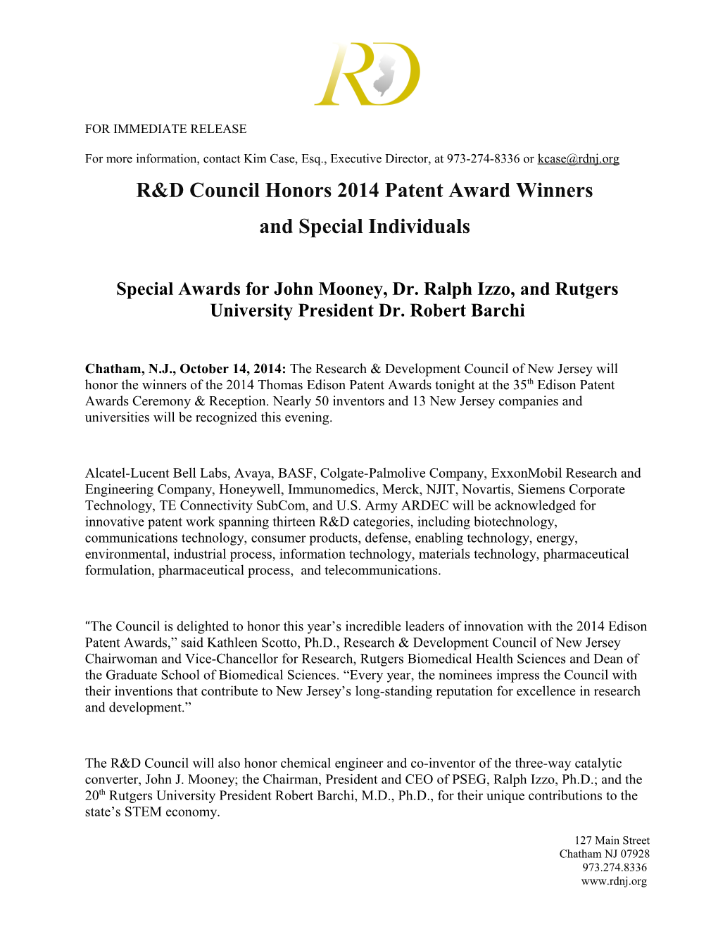 R&D Council Honors 2014 Patent Award Winners