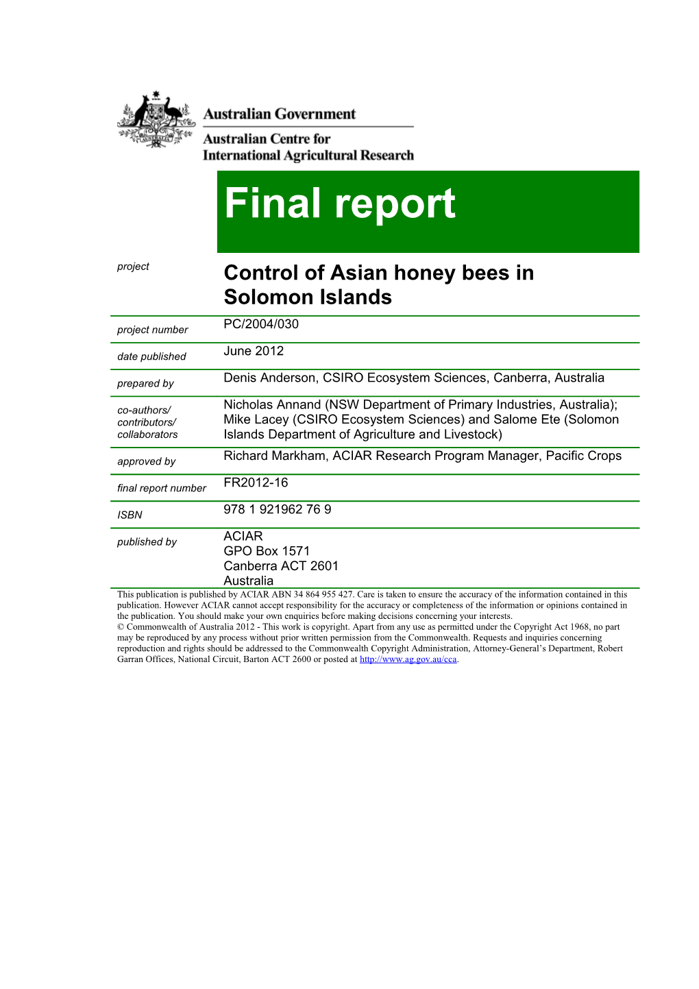 Control of Asian Honey Bees in Solomon Islands