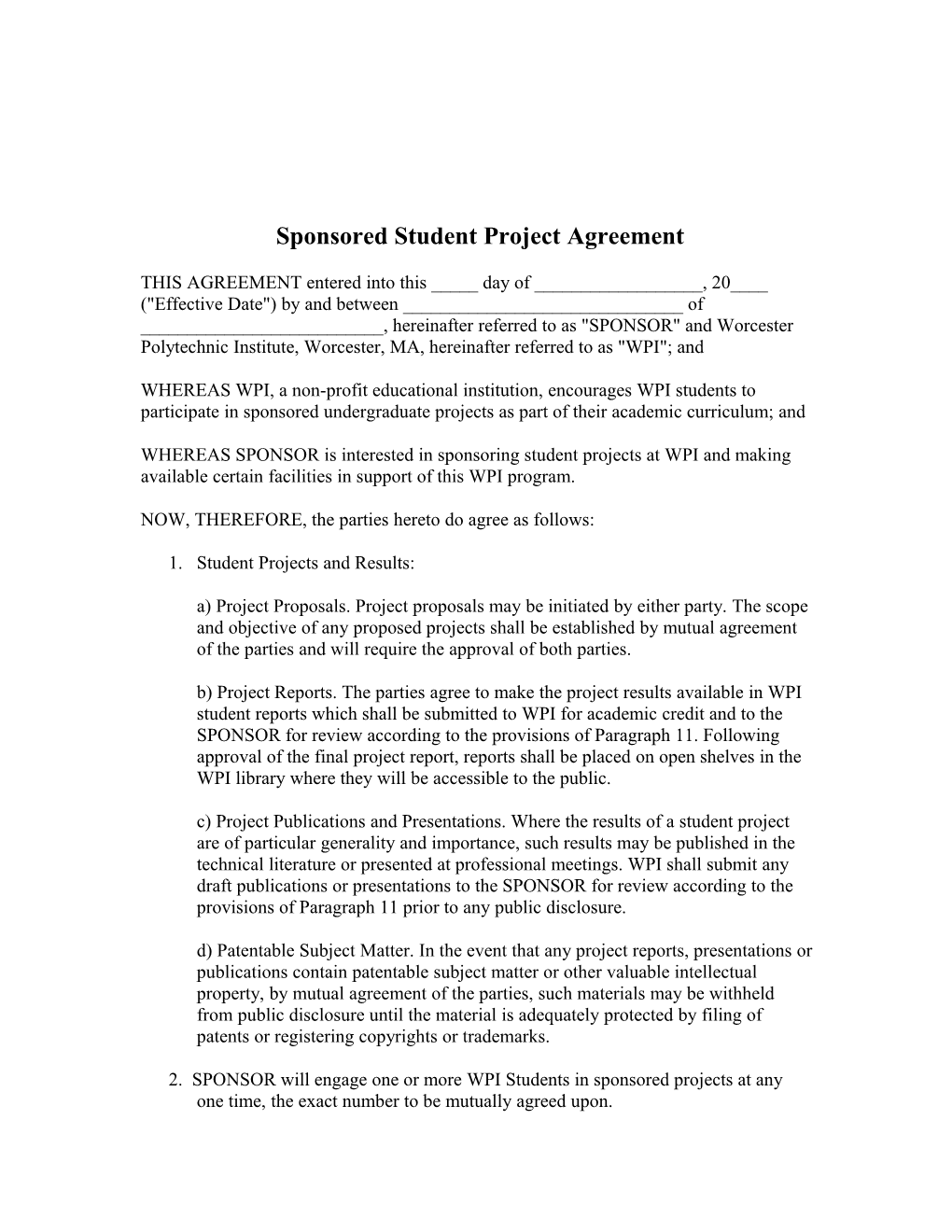 WPI Sponsored Student Project Agreement