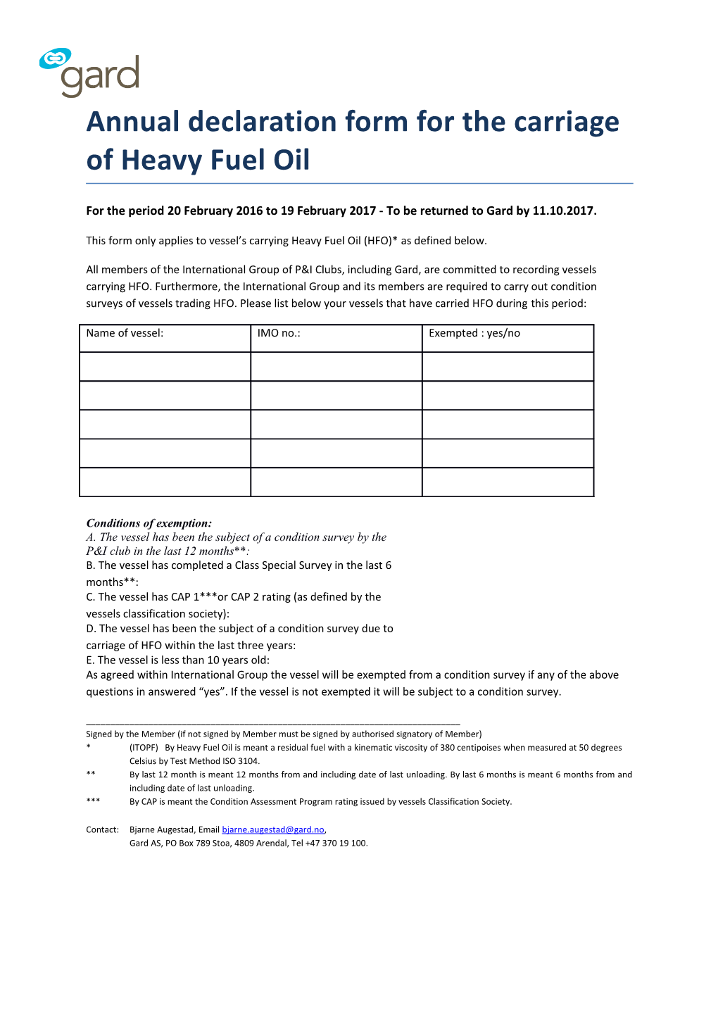 Annual Declaration Form for the Carriage of Heavy Fuel Oil