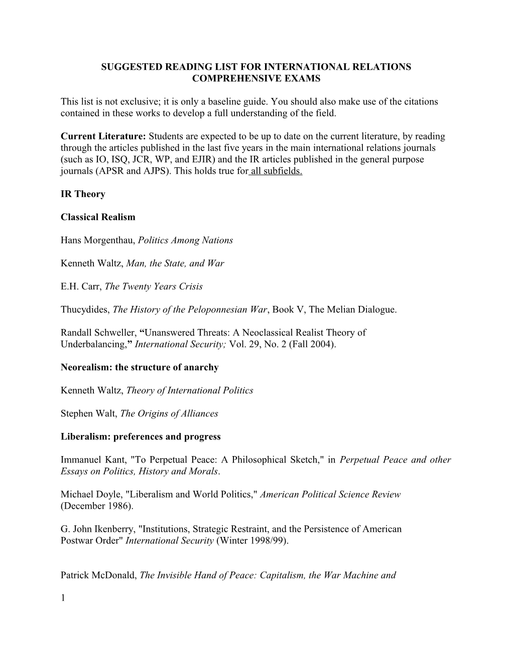 Suggested Reading List for International Relations Comprehensive Exams