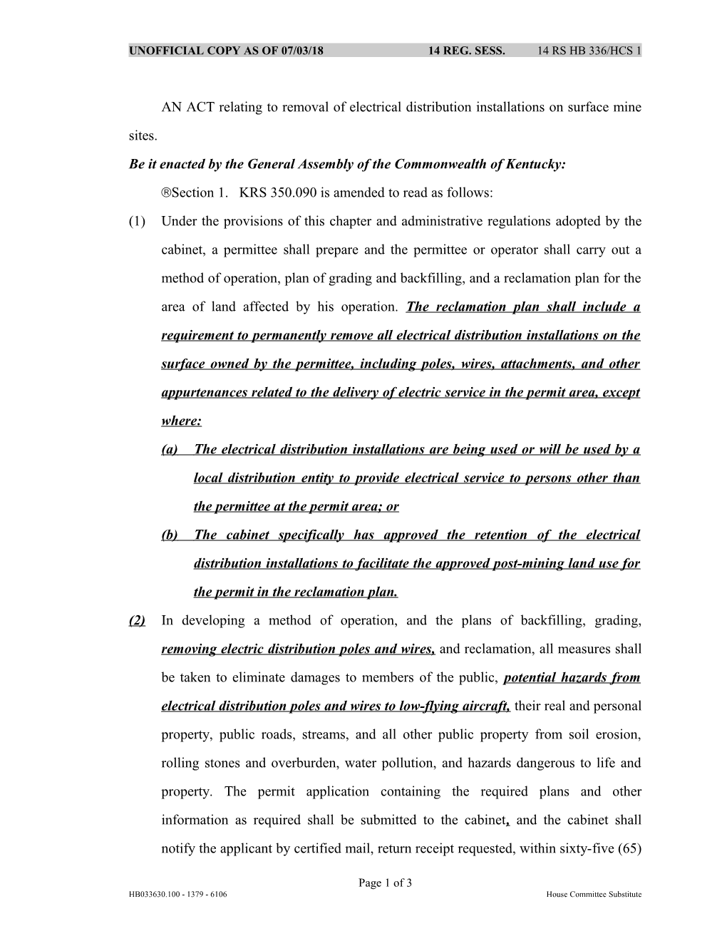 AN ACT Relating to Removal of Electrical Distribution Installations on Surface Mine Sites