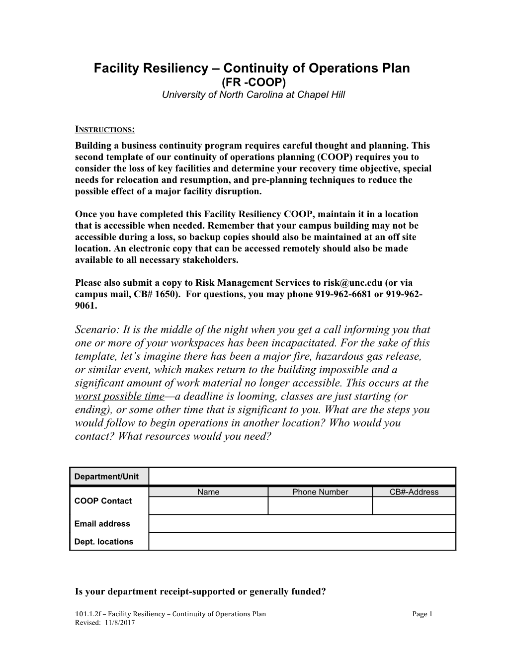 Facility Resiliency – Continuity Of Operations Plan (COOP)