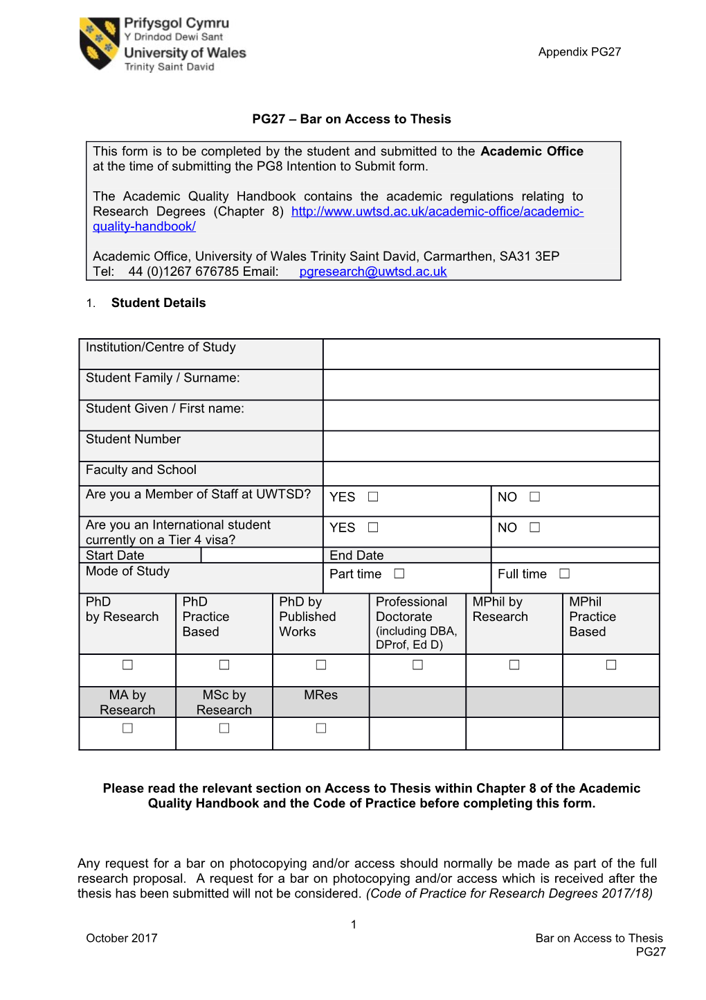 PG27 Bar on Access to Thesis