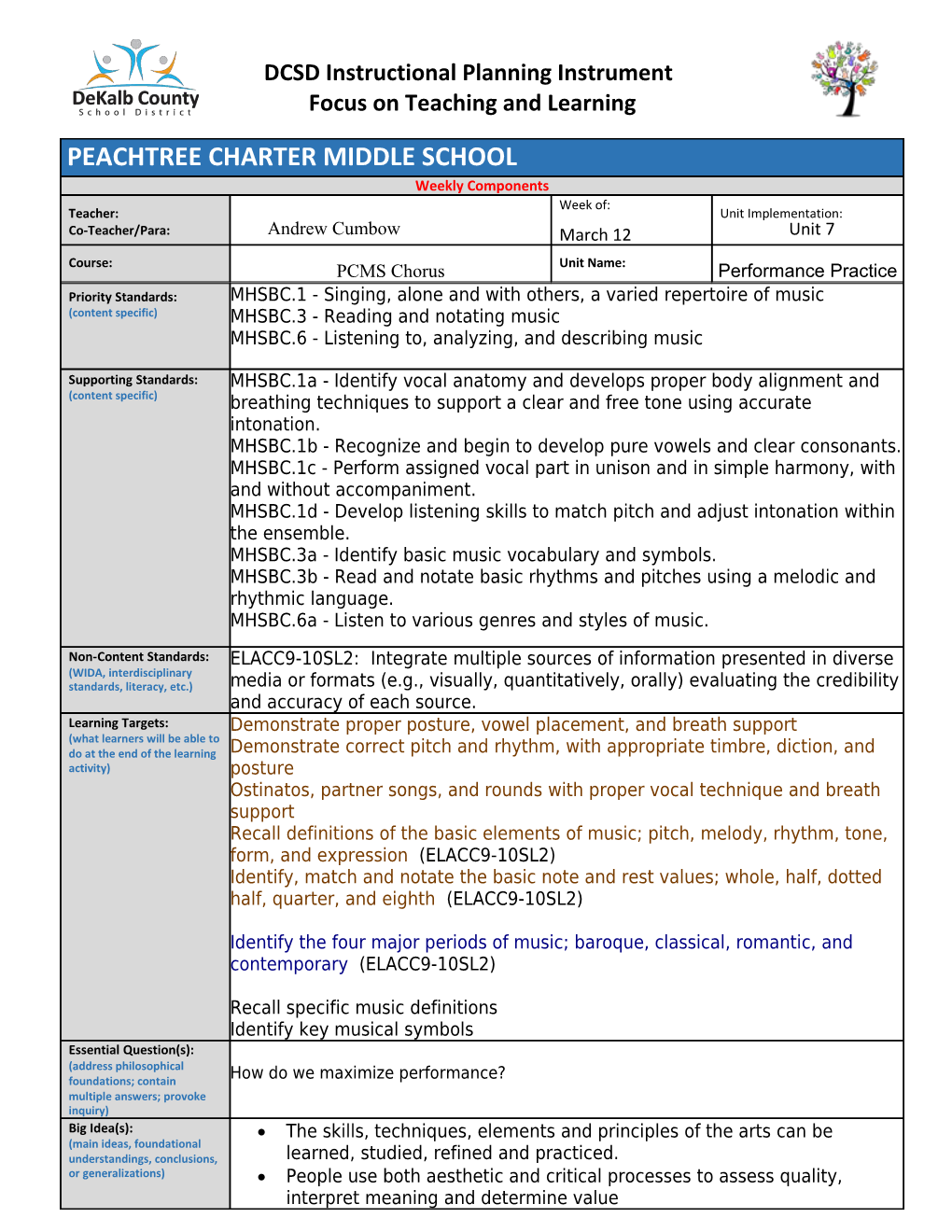 DCSD Instructional Planning Instrument Focus on Teaching and Learning