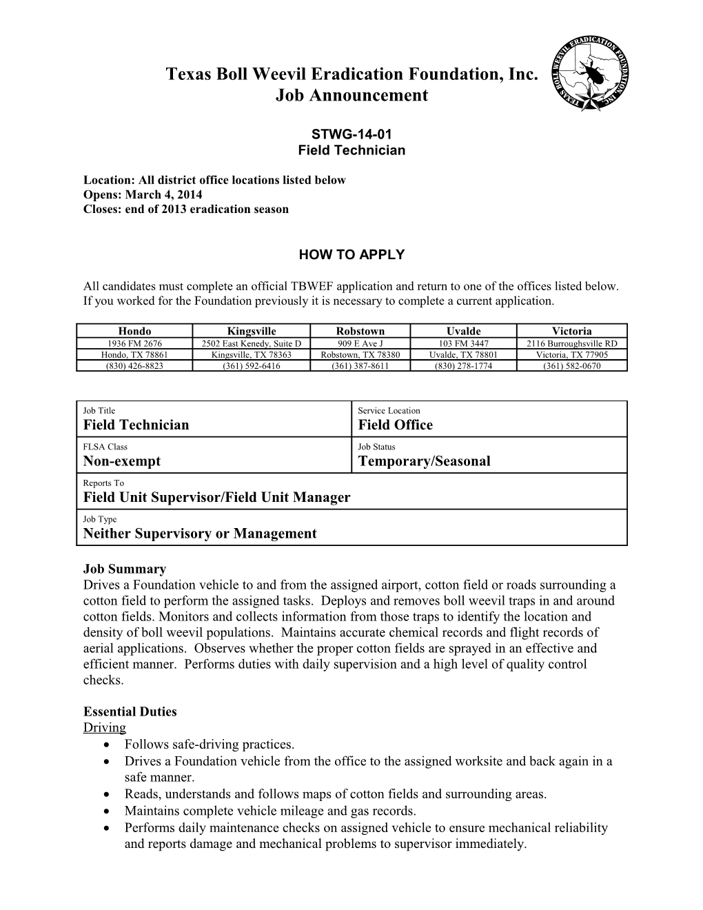 Texas Boll Weevil Eradication Foundation, Inc