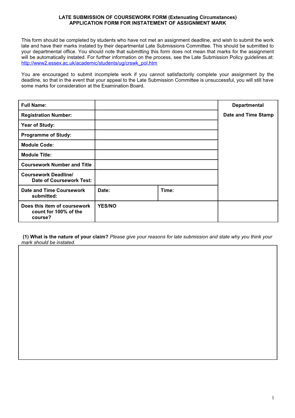 Extenuating Circumstances Form for All Undergraduate Students