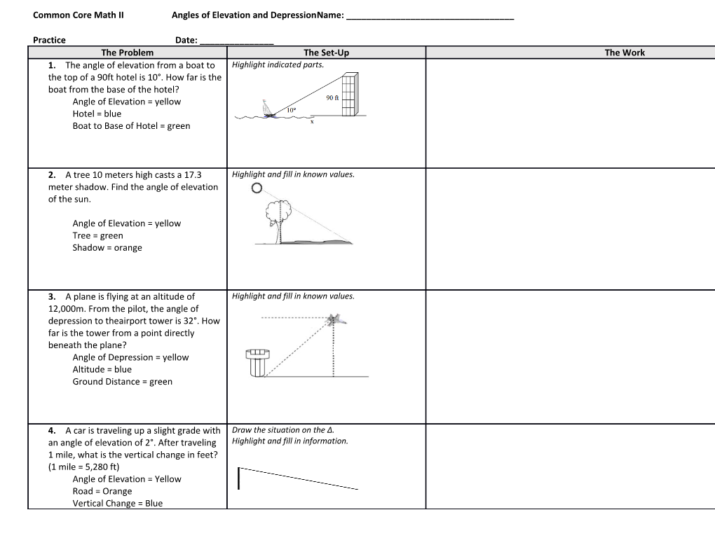 Common Core Math Iiangles of Elevation and Depressionname: ______