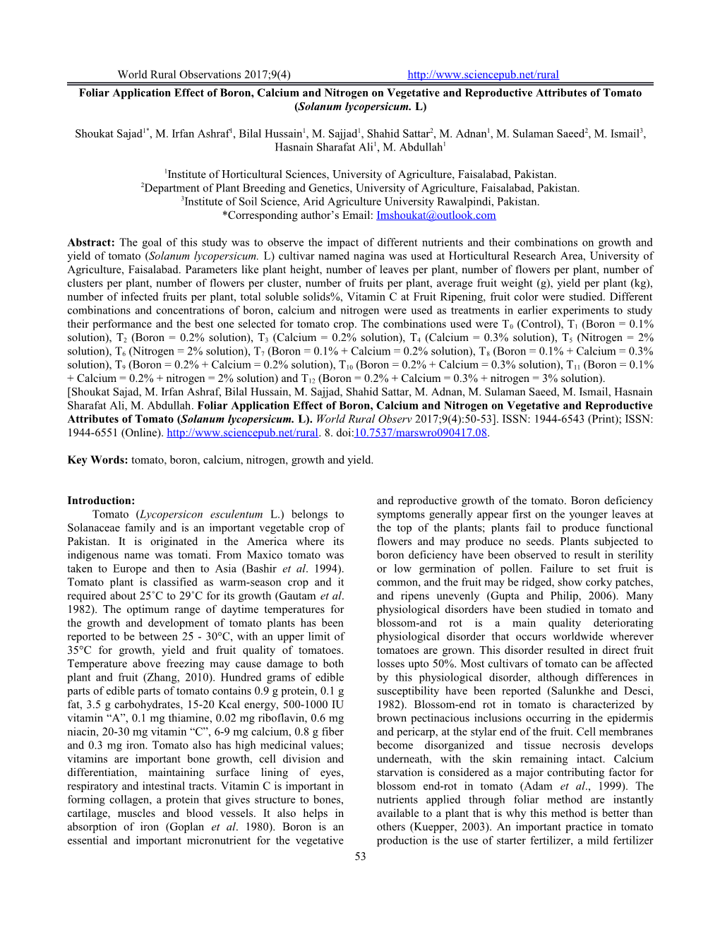 Foliar Application Effect of Boron, Calcium and Nitrogen on Vegetative and Reproductive