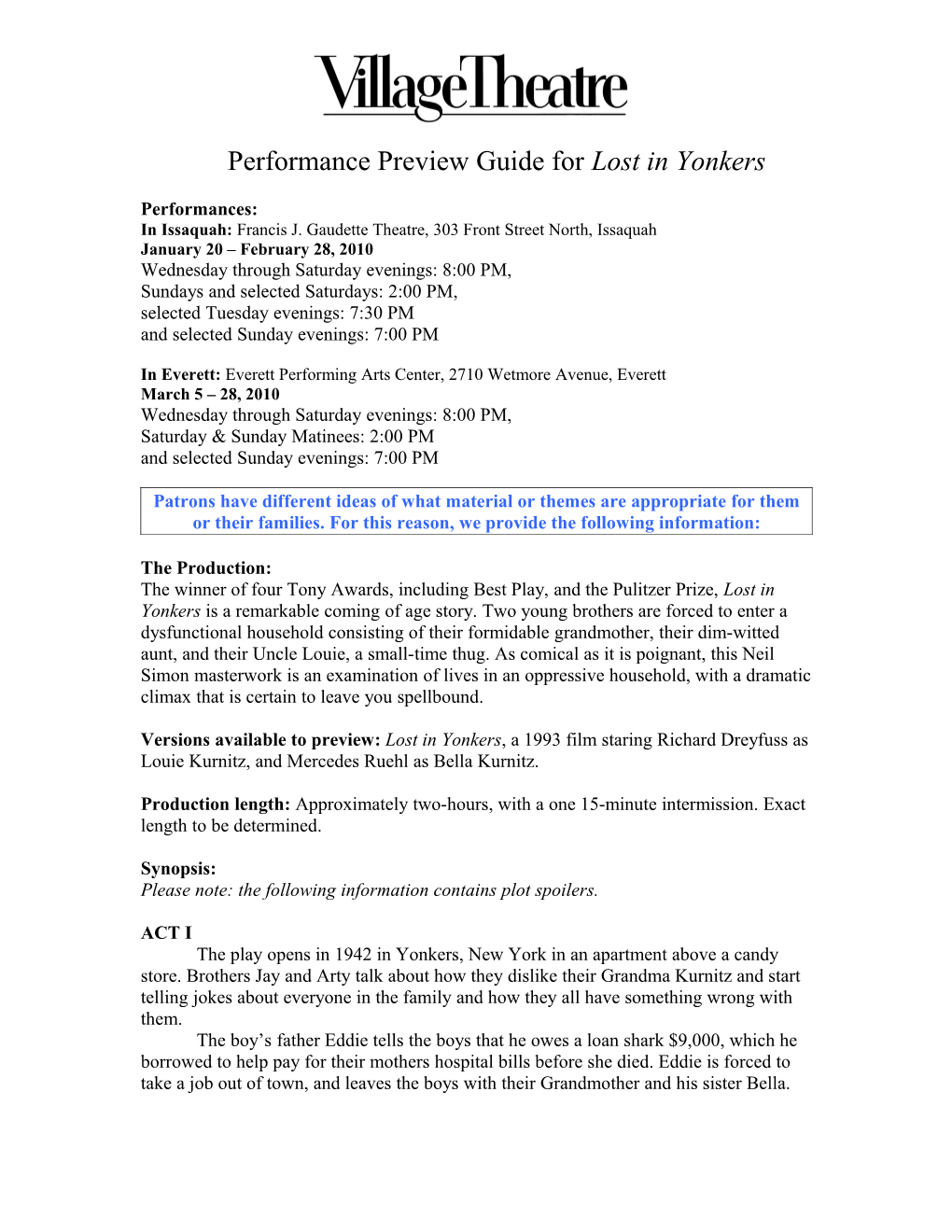 Performance Preview Guide for Lost in Yonkers