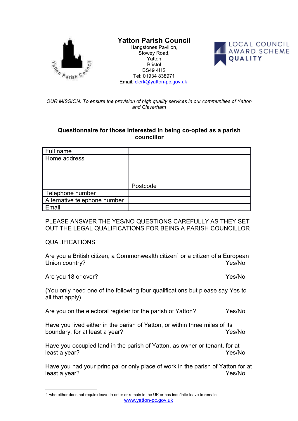 Questionnaire for Those Interested in Being Co-Opted As a Parish Councillor
