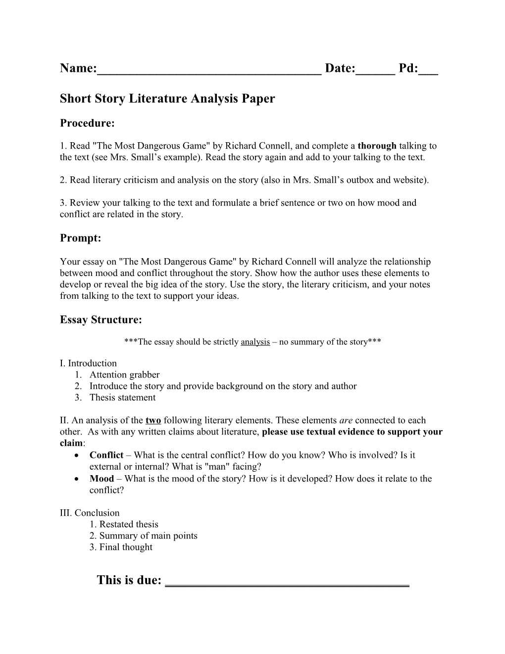 Short Story Literature Analysis Paper