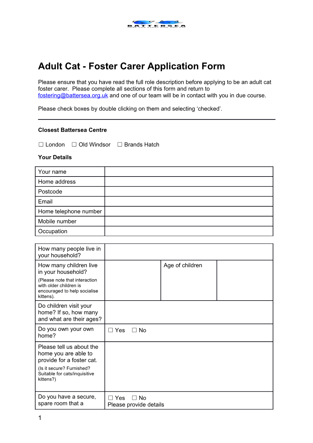 Adult Cat - Foster Carer Application Form