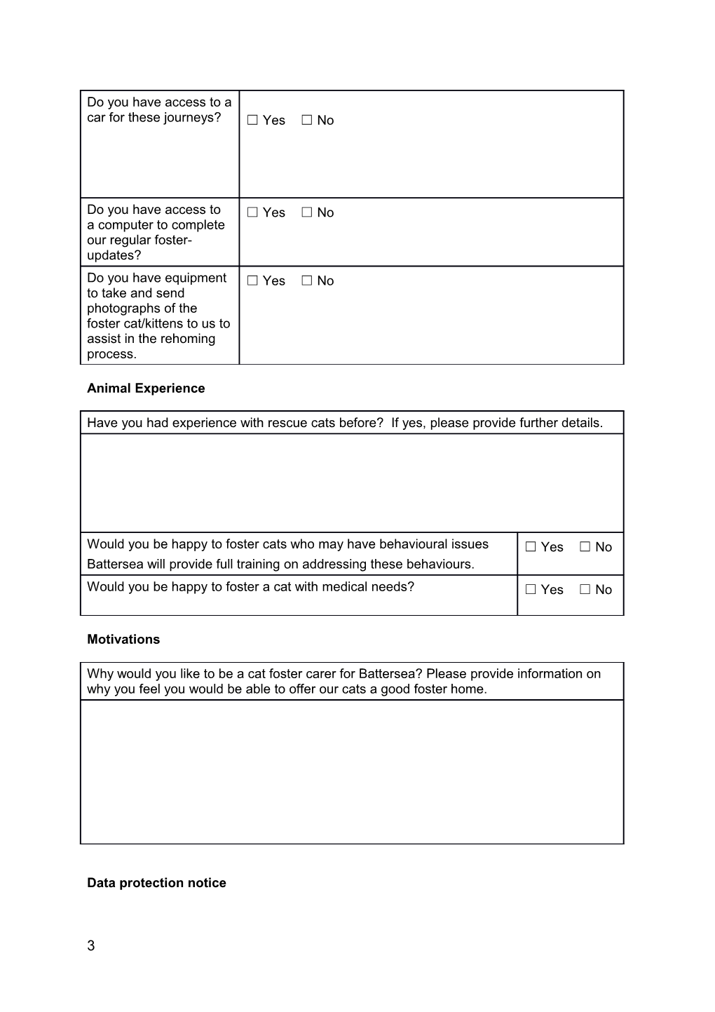 Adult Cat - Foster Carer Application Form