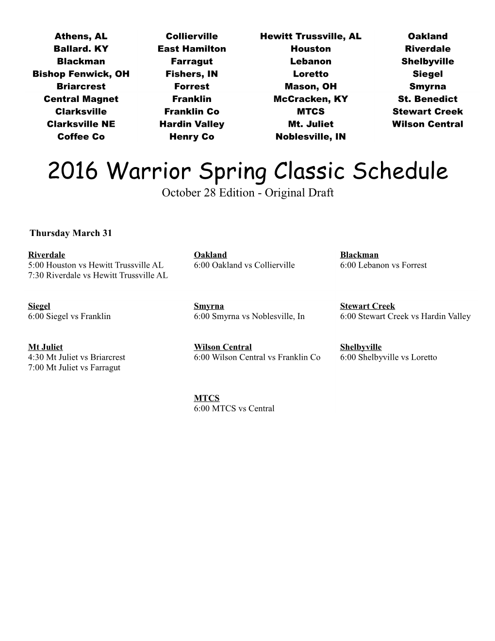 2013 Warrior Spring Classic Schedule