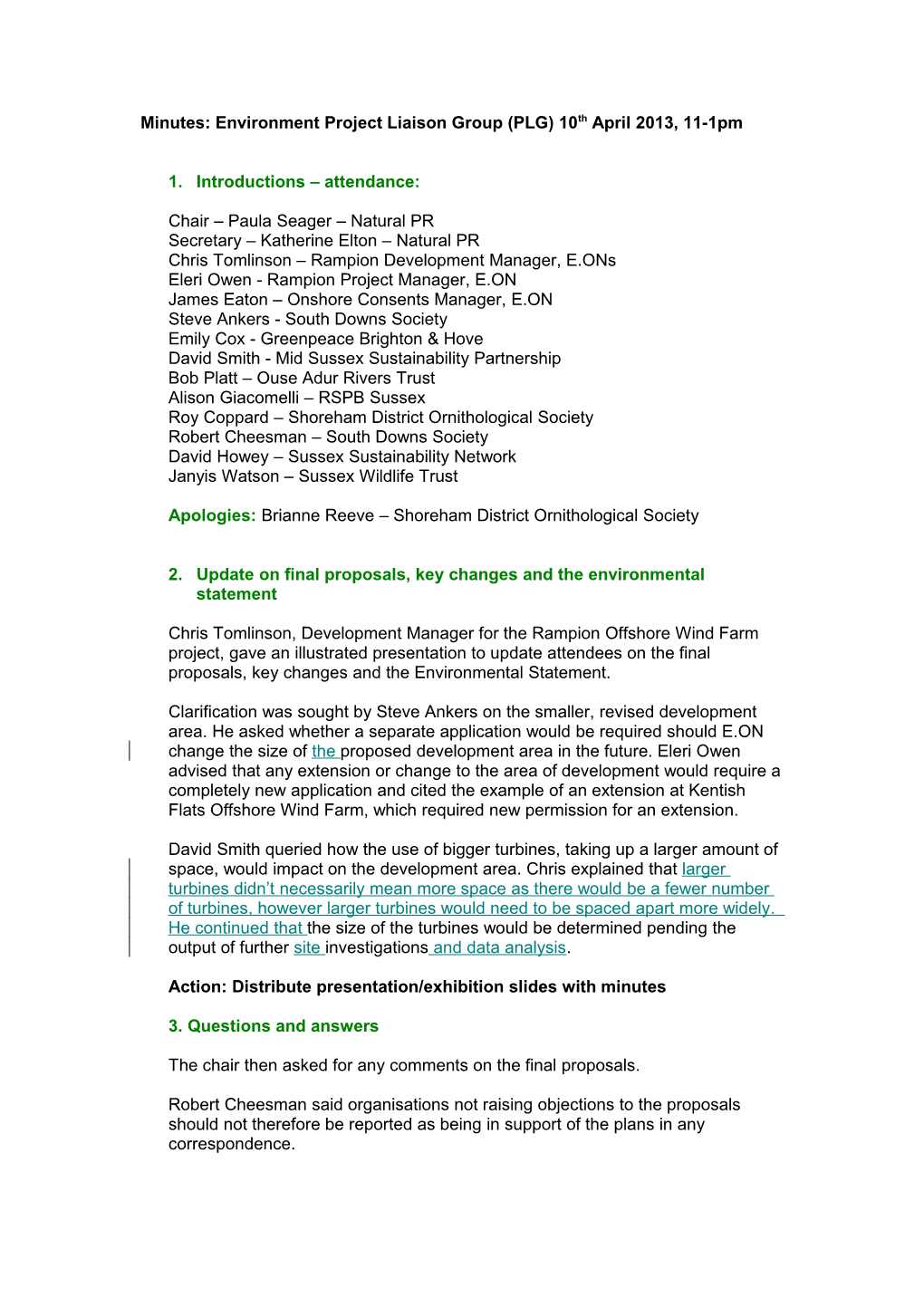 Minutes: Environment Project Liaison Group (PLG) 10Th April 2013, 11-1Pm