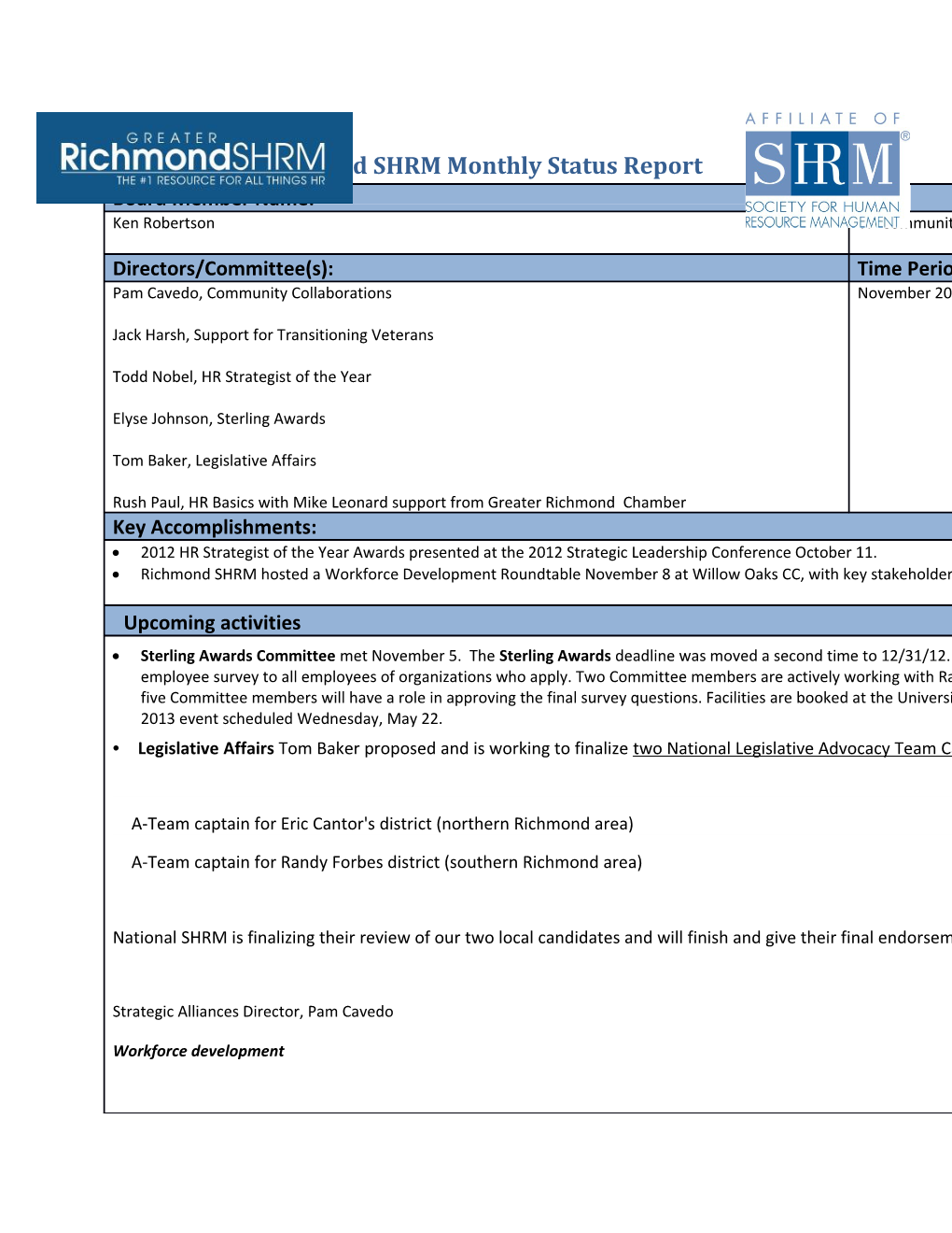 Richmond SHRM Monthly Status Report