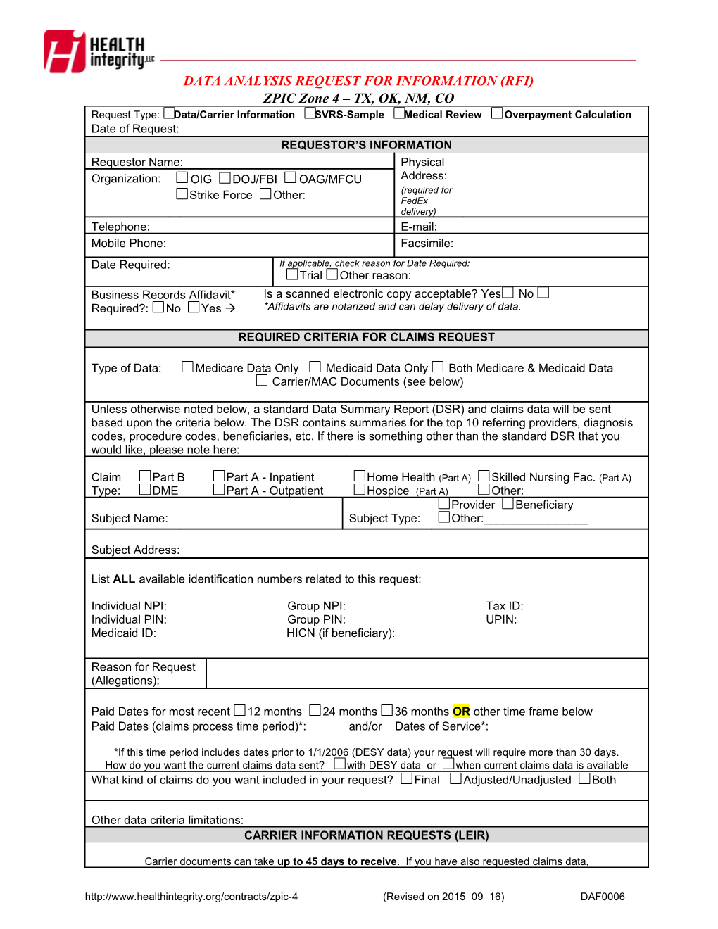 Data Analysis Request For Information (RFI) Form