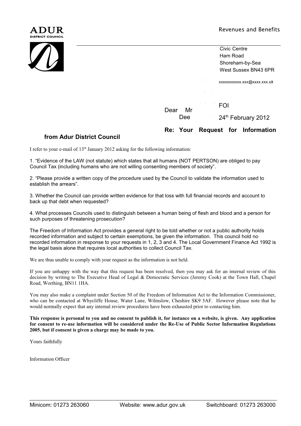 Re: Your Request for Information from Adur District Council