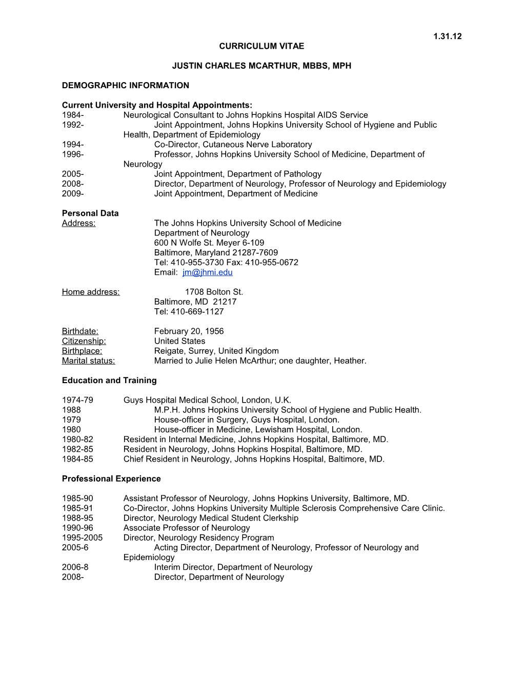 Current University and Hospital Appointments