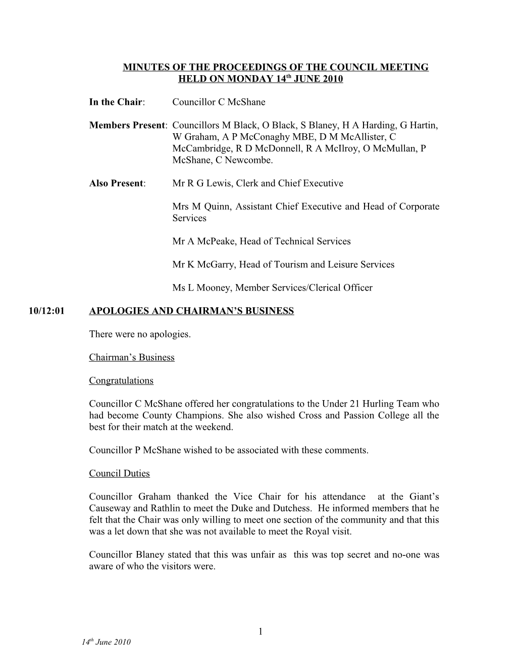 Minutes of the Proceedings of the Council Meeting Held