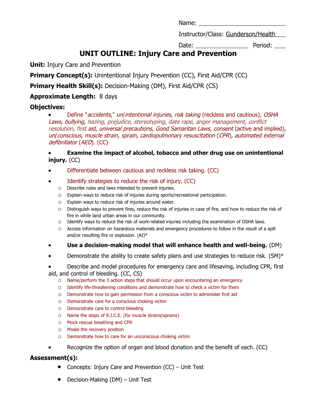 UNIT OUTLINE: Injury Care and Prevention