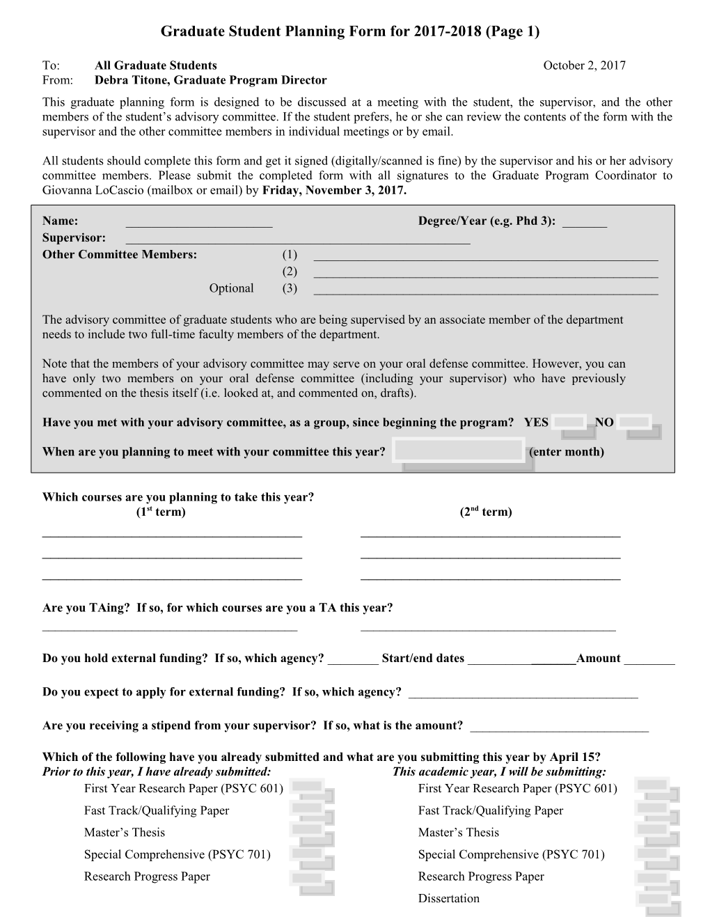 Graduate Student Planning Form for 2010-2011
