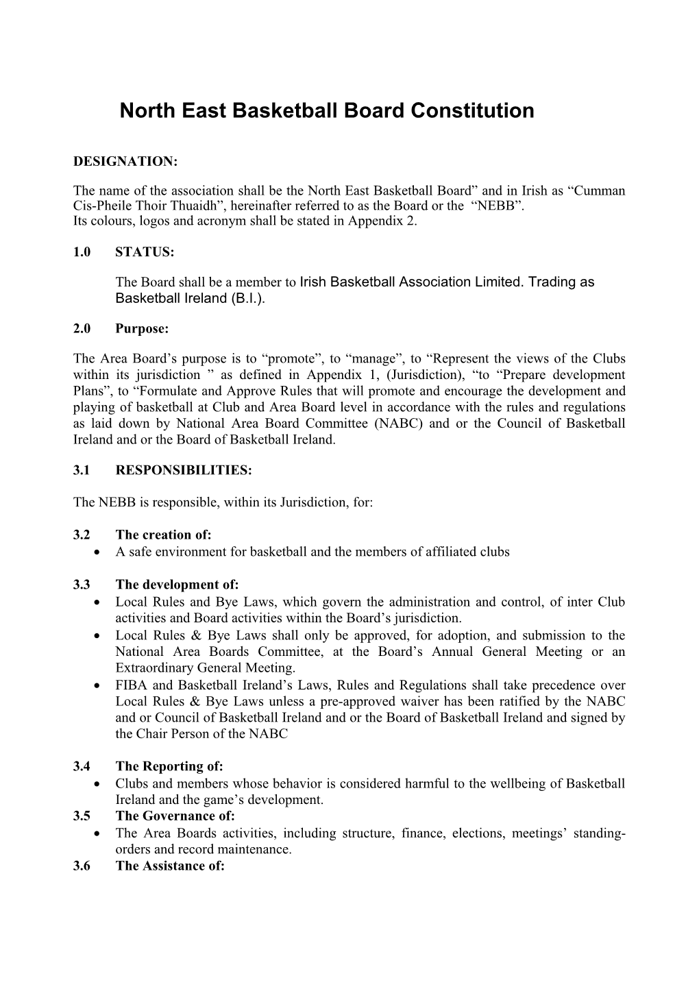 North East Basketball Board Constitution