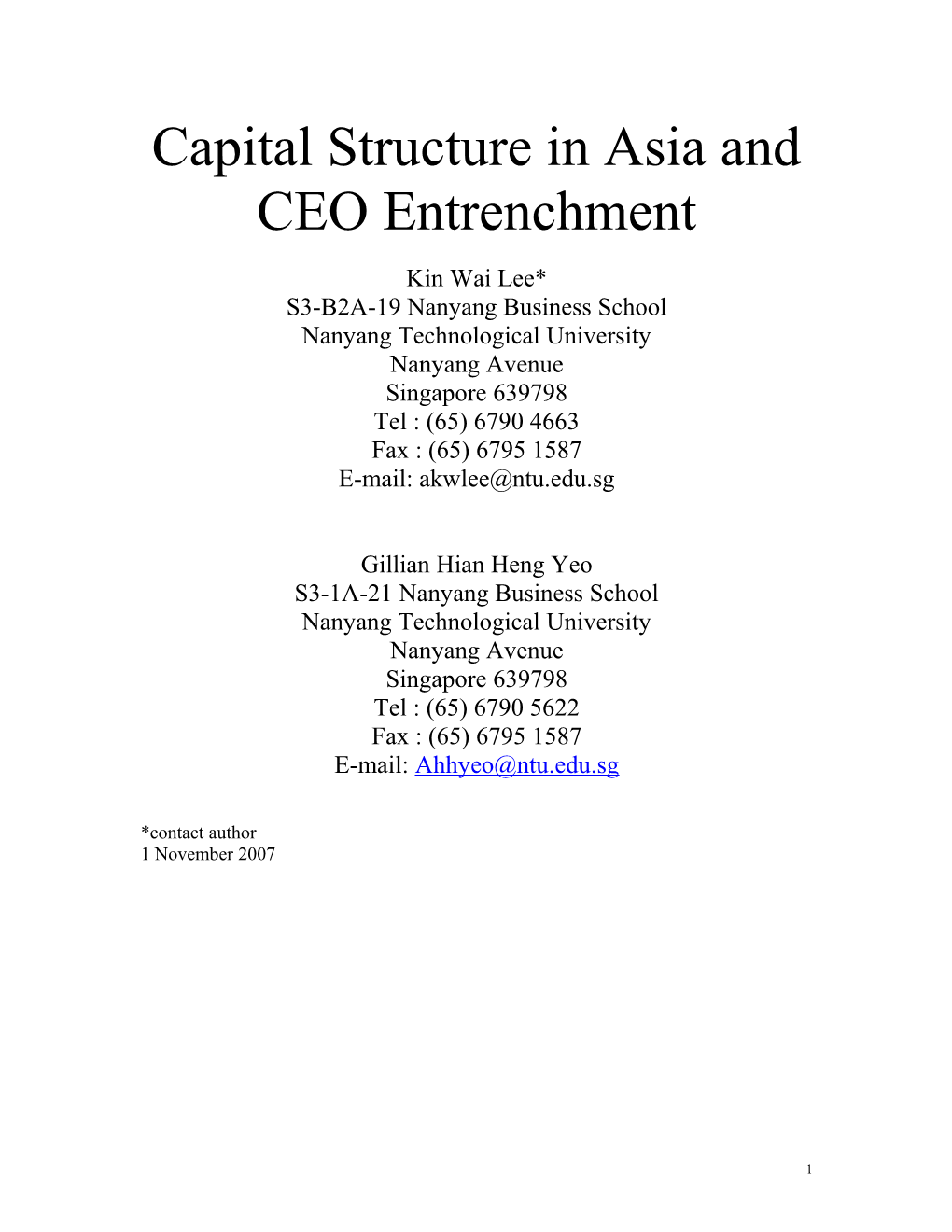 Capital Structure in Asia and CEO Entrenchment