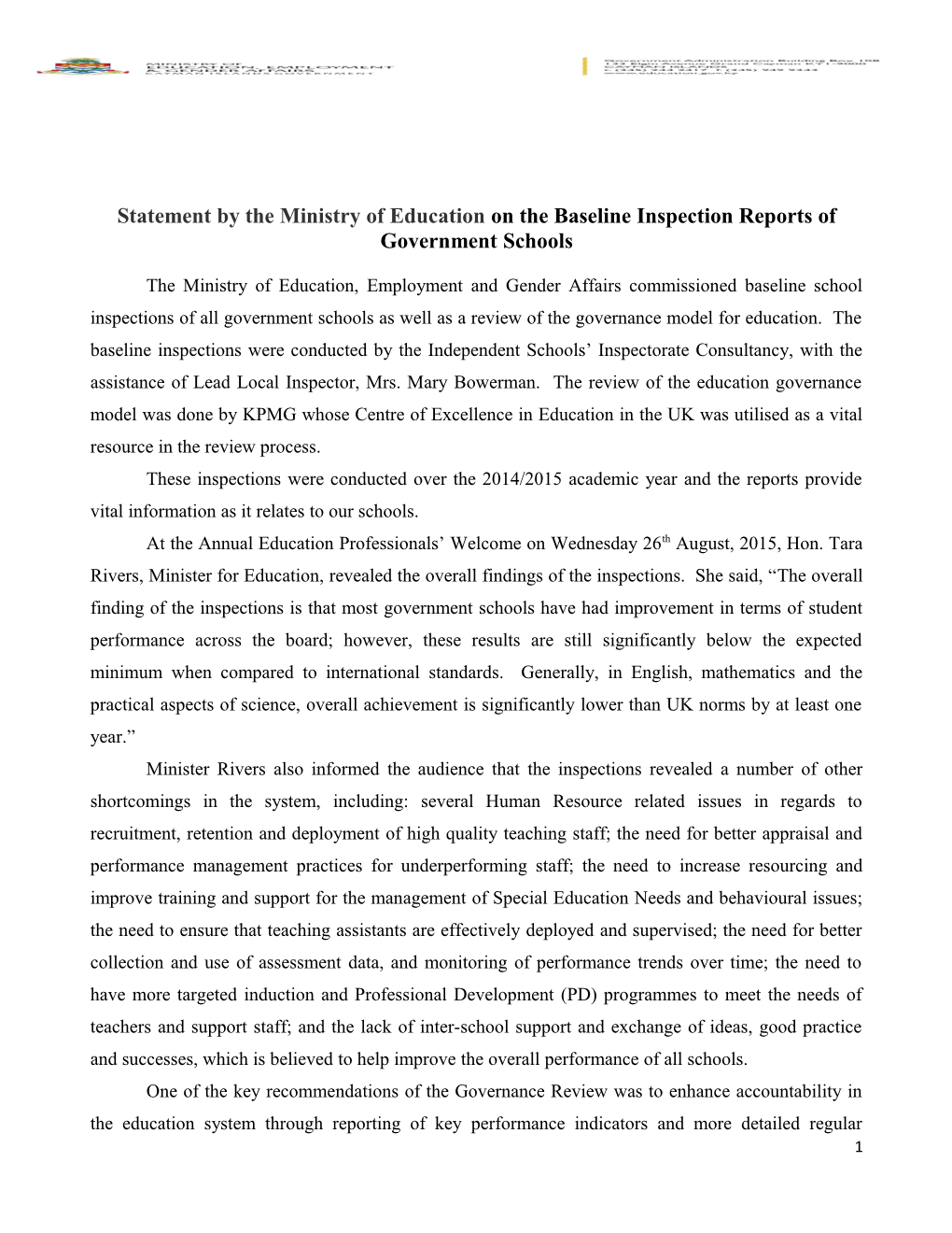 Statement by the Ministry of Education on the Baseline Inspection Reports of Government