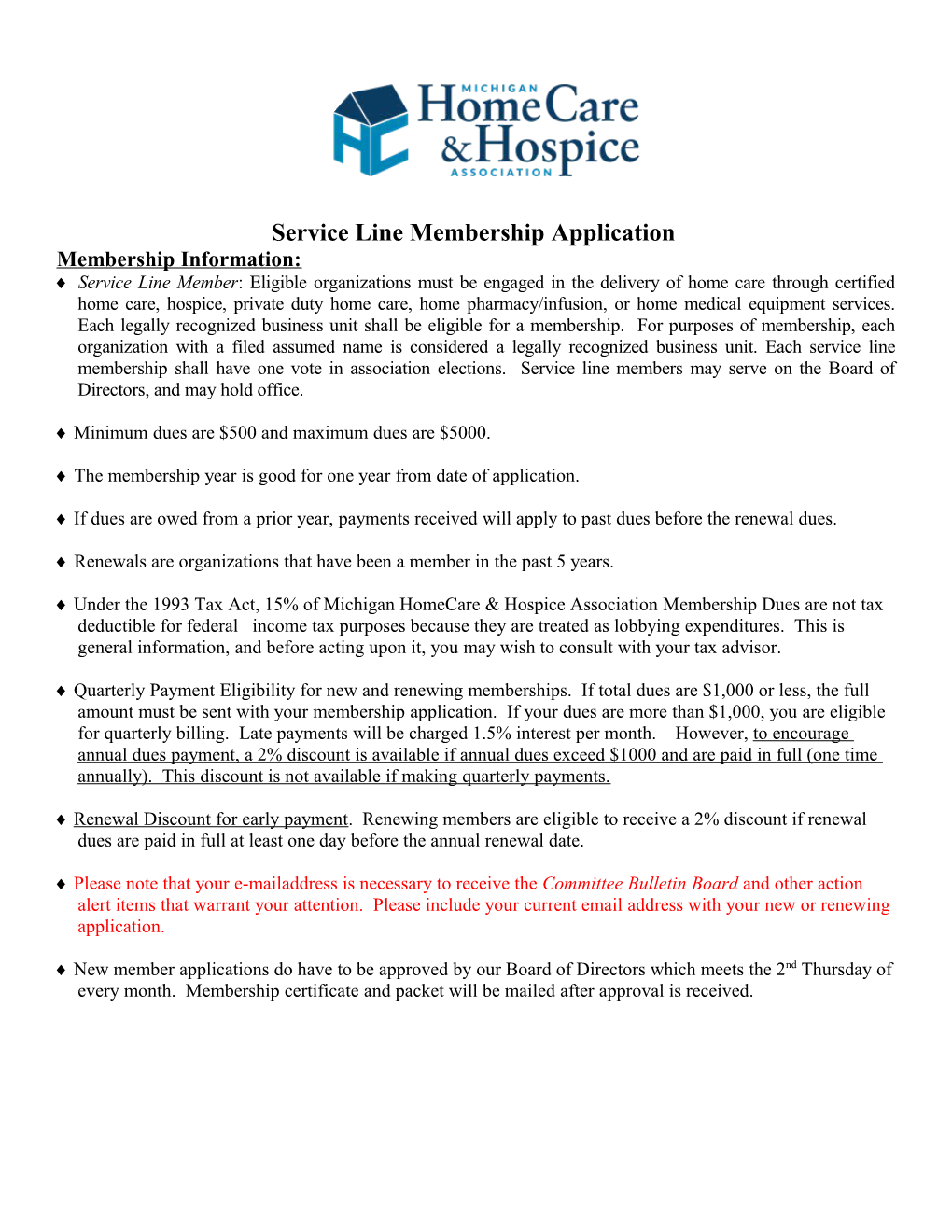 Michigan Home Health Association Service Line Membership Application 2002-2003