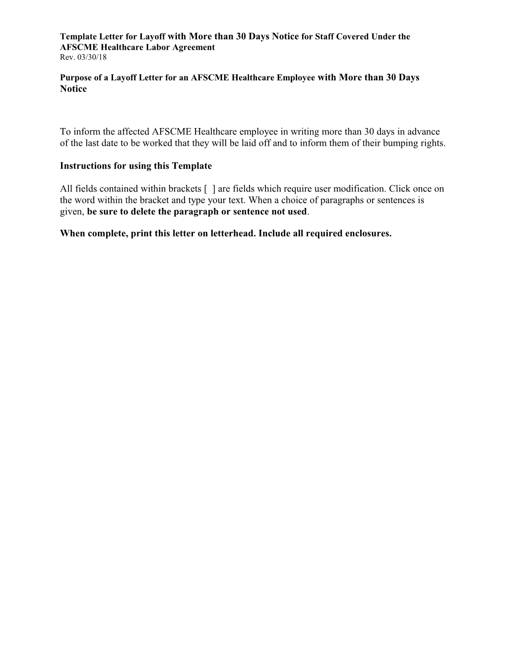 Purpose of a Layoff Letter for an AFSCME Healthcare Employee with More Than 30Days Notice