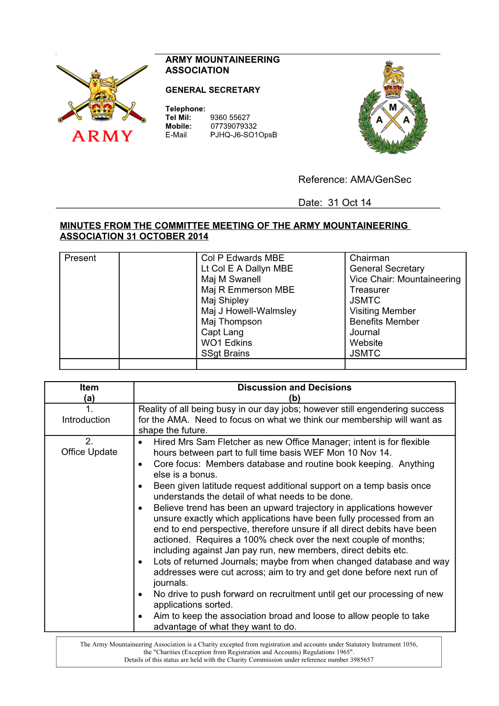 Minutes from the Committee Meeting of the Army Mountaineering Association 31 October 2014