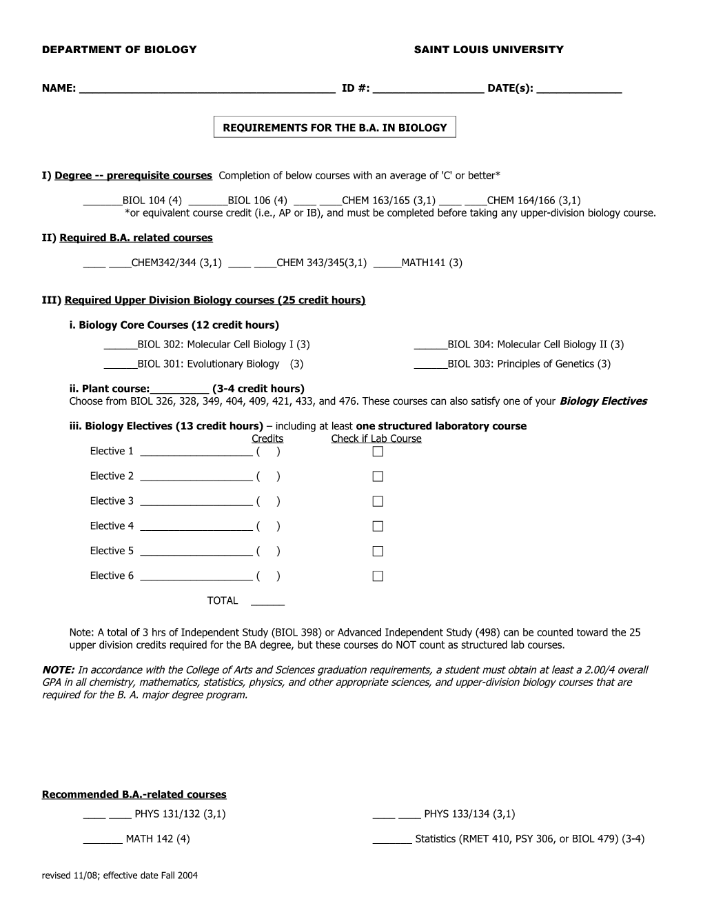 SLU Biology BS Requirements Effective Feb