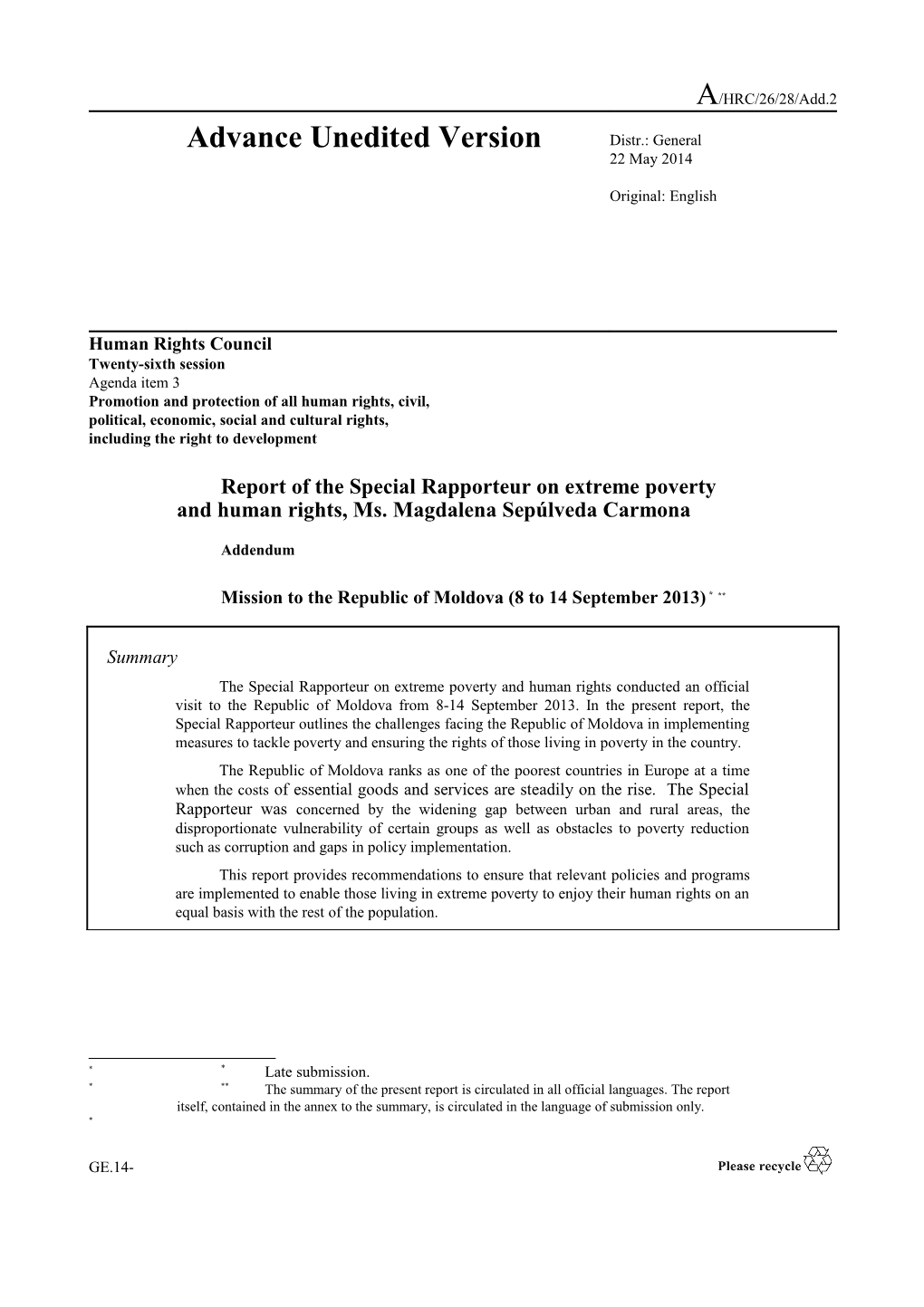 Report Of The Special Rapporteur On Extreme Poverty - Mission To The Republic Of Moldova In English