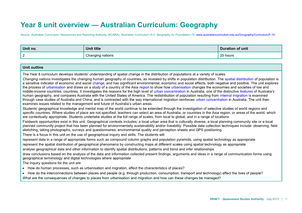 Year 8 Unit Overview Australian Curriculum: Geography
