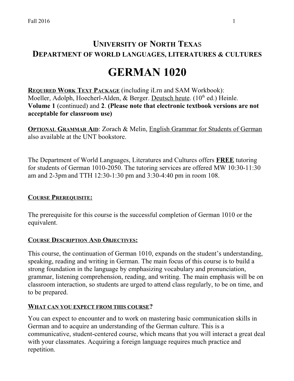 University of North Texa S Department of World Languages, Literatures & Cultures German 1020 s1