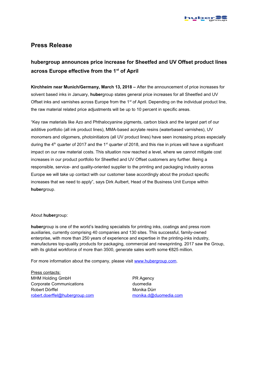 Hubergroup Announces Price Increase for Sheetfed and UV Offset Product Lines Across Europe