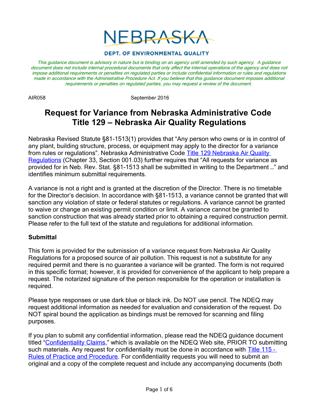 Request for Variance from Nebraska Administrative Code