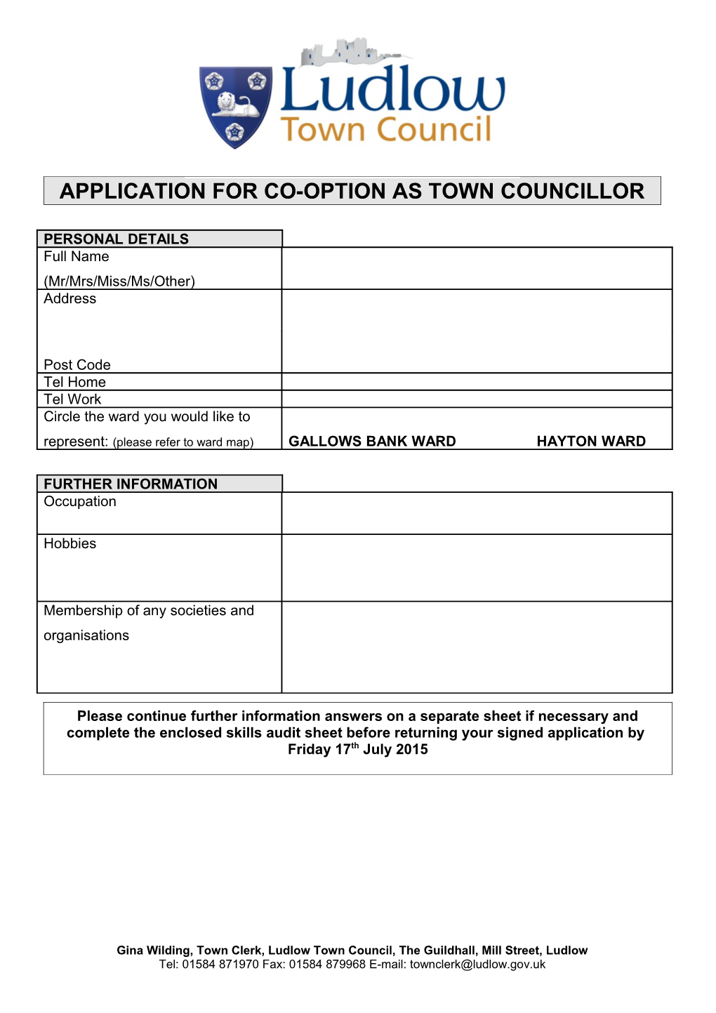 Application for Co-Option As Town Councillor