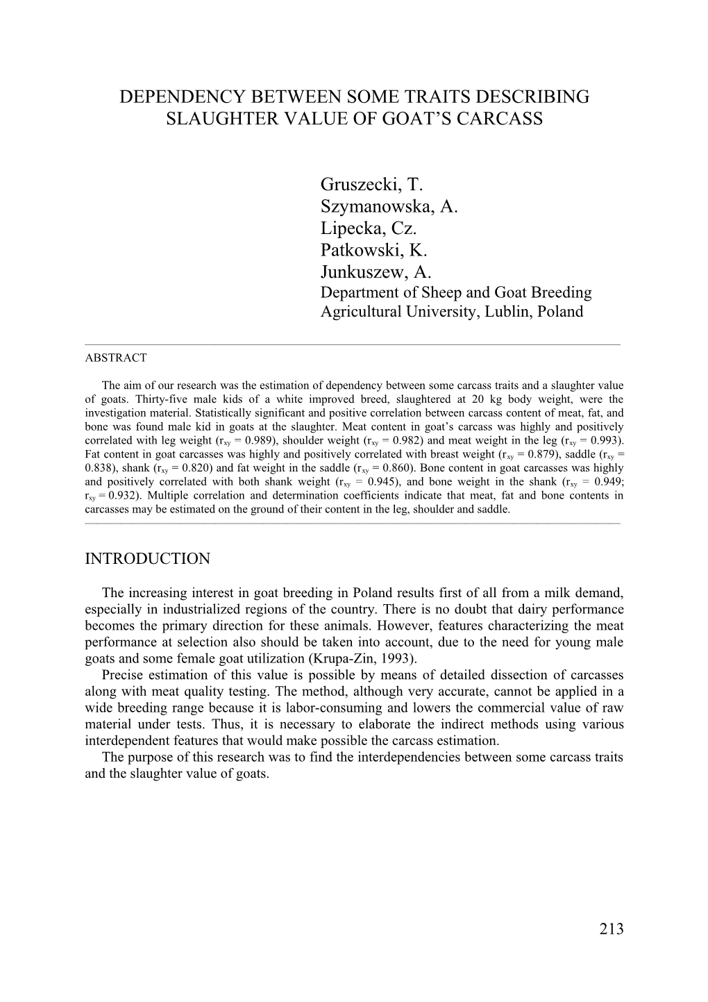 Interdependencies Between Some Features Characterizing the Slaughter Value of Goat S Carcass