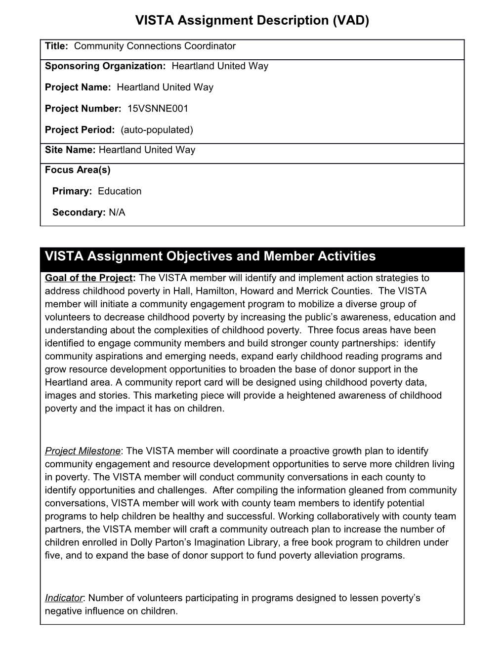 VISTA Assignment Description (VAD)