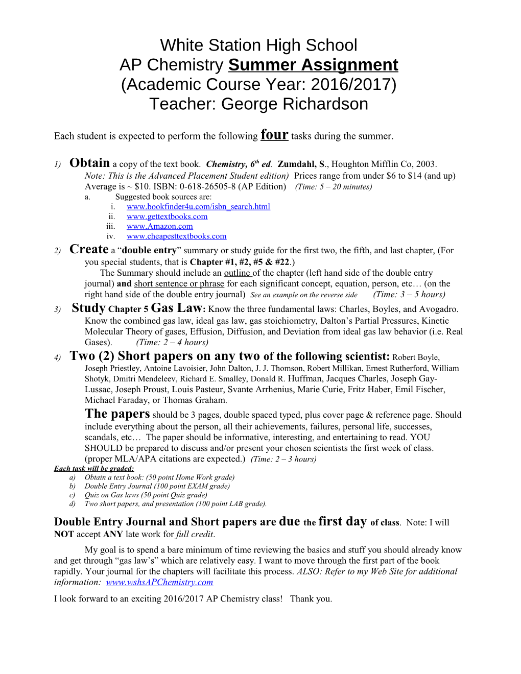 White Station High School AP Chemistry Summer Assignment