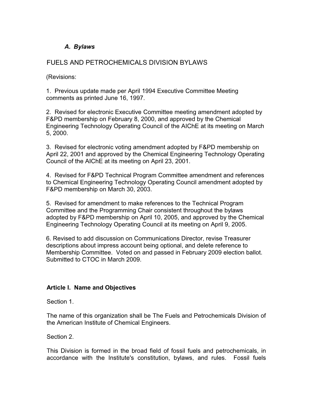 Fuels and Petrochemicals Division Bylaws