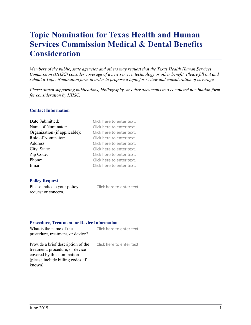 Topic Nomination for Texas Health and Human Services Commission Medical & Dental Benefits