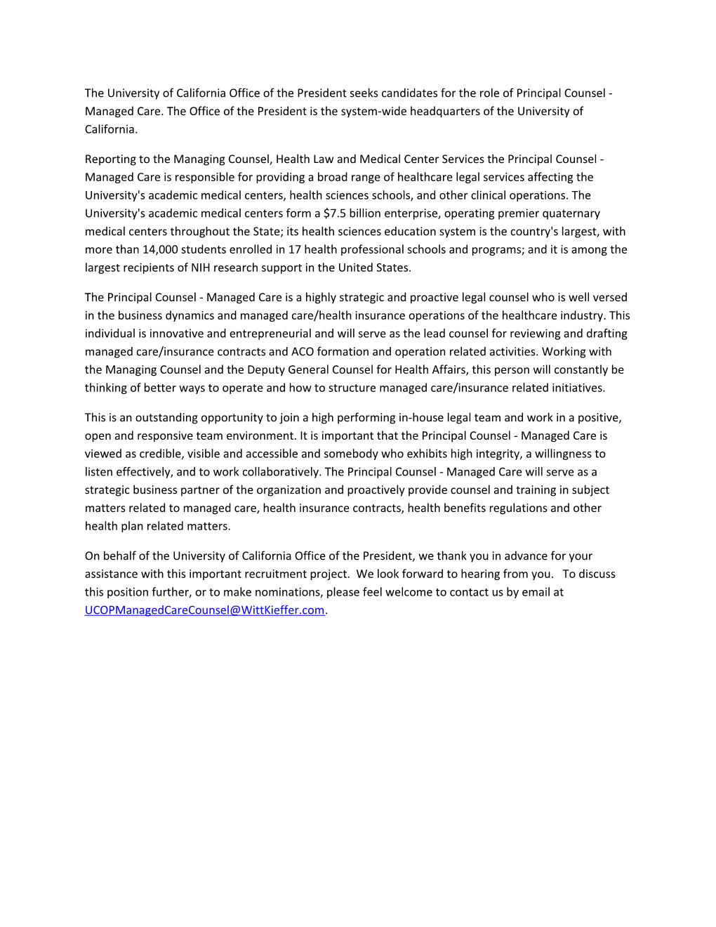 The University of California Office of the President Seeks Candidates for the Role of Principal