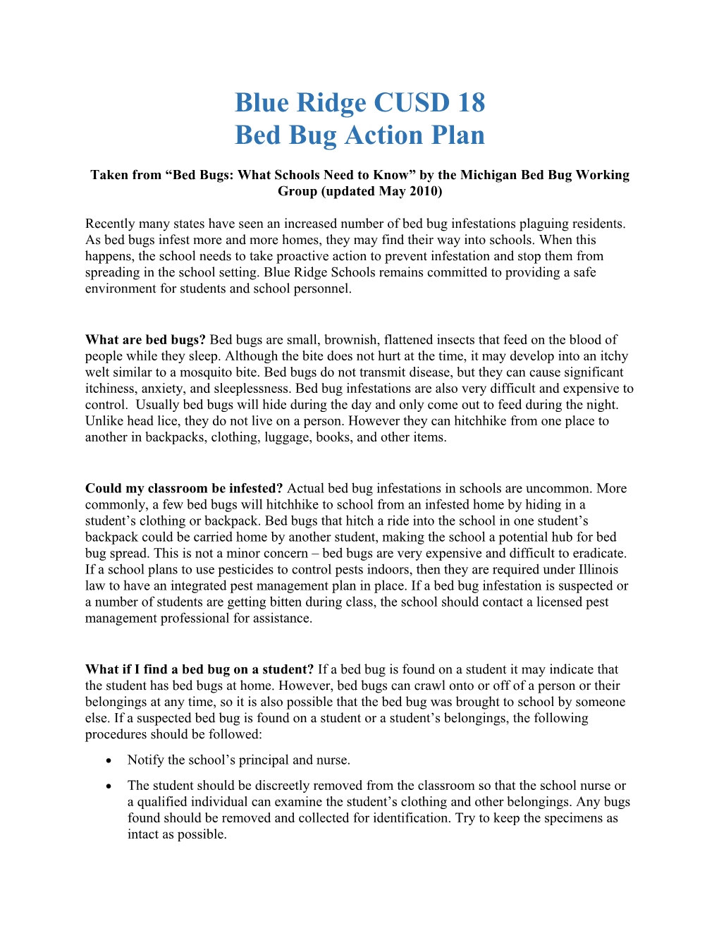 Bed Bug Action Plan